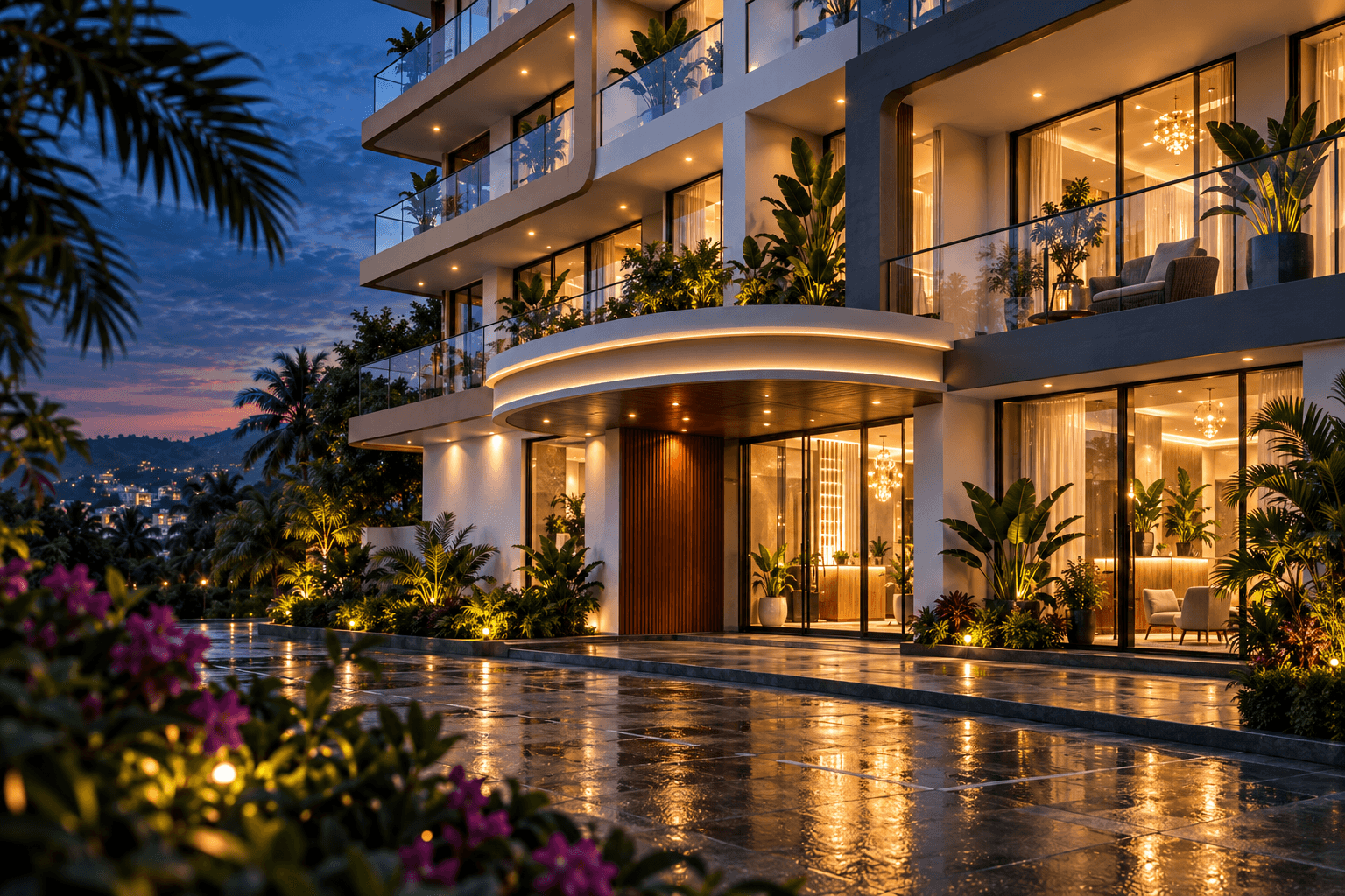 The illuminated entrance and planted glass balconies of Almasi Residence at blue hour